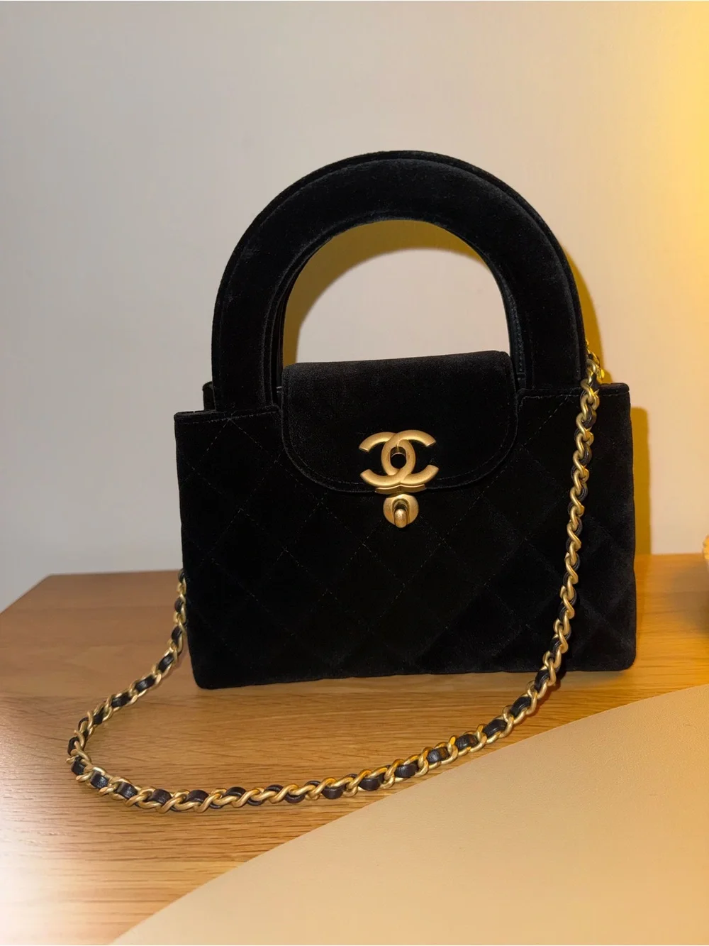 CHANEL Black Quilted Kelly Velvet Top-Handle Bag with Gold CC Hardware